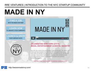 55
MADE IN NY
RRE VENTURES | INTRODUCTION TO THE NYC STARTUP COMMUNITY
http://wearemadeinny.com/
 