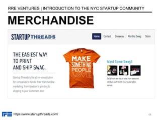 MERCHANDISE
RRE VENTURES | INTRODUCTION TO THE NYC STARTUP COMMUNITY
https://www.startupthreads.com/ 68
 