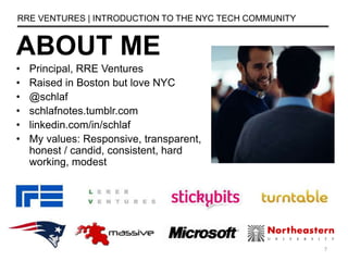 ABOUT ME
RRE VENTURES | INTRODUCTION TO THE NYC TECH COMMUNITY
• Principal, RRE Ventures
• Raised in Boston but love NYC
• @schlaf
• schlafnotes.tumblr.com
• linkedin.com/in/schlaf
• My values: Responsive, transparent,
honest / candid, consistent, hard
working, modest
7
 