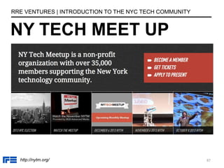 NY TECH MEET UP
RRE VENTURES | INTRODUCTION TO THE NYC TECH COMMUNITY
http://nytm.org/ 87
 
