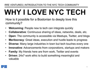 8
WHY I LOVE NYC TECH
RRE VENTURES | INTRODUCTION TO THE NYC TECH COMMUNITY
How is it possible for a Bostonian to deeply love this
community?
• Welcoming: People new to tech can integrate quickly
• Collaborative: Continuous sharing of ideas, networks, deals, etc.
• Open: The community is accessible via Meetups, Twitter, and blogs
• Meritocracy: Great ideas, execution and hustle leads to progress
• Diverse: Many large industries in town but tech touches every one
• Innovative: Advancements from corporations, startups and makers
• Family: My friends here are from work, Twitter and events
• Driven: 24x7 work ethic to build something meaningful and
valuable
 