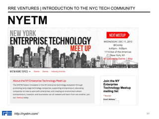 NYETM
RRE VENTURES | INTRODUCTION TO THE NYC TECH COMMUNITY
http://nyetm.com/ 89
 