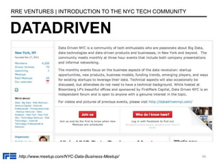 DATADRIVEN
RRE VENTURES | INTRODUCTION TO THE NYC TECH COMMUNITY
http://www.meetup.com/NYC-Data-Business-Meetup/ 90
 