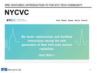 NYCVC
RRE VENTURES | INTRODUCTION TO THE NYC TECH COMMUNITY
http://nycvc.org/ 91
 