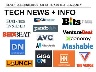 TECH NEWS + INFO
RRE VENTURES | INTRODUCTION TO THE NYC TECH COMMUNITY
80
DESIGNER NEWS
HACKER NEWS
 