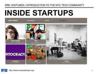 83
INSIDE STARTUPS
RRE VENTURES | INTRODUCTION TO THE NYC TECH COMMUNITY
http://www.insidestartups.org/
 