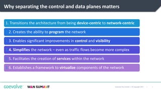 5|Coevolve Pty Limited | © Copyright 2017
Why separating the control and data planes matters
1. Transitions the architecture from being device-centric to network-centric
1.2. Creates the ability to program the network
1.3. Enables significant improvements in control and visibility
1.4. Simplifies the network – even as traffic flows become more complex
1.5. Facilitates the creation of services within the network
1.6. Establishes a framework to virtualize components of the network
 