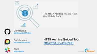 ©2018 AKAMAIbit.ly/ha-slack
Chat
github.com/HTTPArchive
Contribute
discuss.httparchive.org
Collaborate HTTP Archive Guided...
