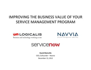 IMPROVING	
  THE	
  BUSINESS	
  VALUE	
  OF	
  YOUR	
  
   SERVICE	
  MANAGEMENT	
  PROGRAM	
  




                        David	
  Mainville	
  
                    CEO,	
  Cofounder	
  –	
  Navvia	
  
                      December	
  13,	
  2012	
  
 