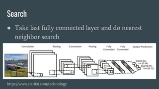 Search
● Take last fully connected layer and do nearest
neighbor search
https://www.clarifai.com/technology
 