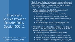 Third Party
Service Provider
Security Policy
Section 500.11
“Each Covered Entity shall implement written policies and
proc...