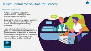 9© Capgemini 2019. All rights reserved |Capgemini and NYDJ: A Multi-Cloud Approach to Digital Experience Excellence | June 2019
Unified Commerce Solution for Grocery
Announced March 2019
 Fullforce solution leverages three
Salesforce cloud technologies and
MuleSoft’s Anypoint Platform
 Designed to help grocers capture loyalty in
the rapidly expanding online grocery
market by improving the ordering
experience.
 Helps retailers deliver on their business
goals and address the needs of the modern
grocery shopper by providing eCommerce,
marketing and customer service capabilities
through Salesforce Commerce Cloud,
Marketing Cloud and Service Cloud.
9© Capgemini 2019. All rights reserved |Capgemini and NYDJ: A Multi-Cloud Approach to Digital Experience Excellence | June 2019
 