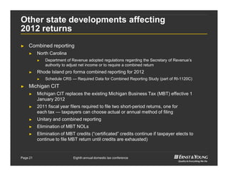Eighth annual domestic tax conferencePage 21
Other state developments affecting
2012 returns
► Combined reporting
► North Carolina
► Department of Revenue adopted regulations regarding the Secretary of Revenue’s
authority to adjust net income or to require a combined return
► Rhode Island pro forma combined reporting for 2012
► Schedule CRS — Required Data for Combined Reporting Study (part of RI-1120C)
► Michigan CIT
► Michigan CIT replaces the existing Michigan Business Tax (MBT) effective 1
January 2012
► 2011 fiscal year filers required to file two short-period returns, one for
each tax — taxpayers can choose actual or annual method of filing
► Unitary and combined reporting
► Elimination of MBT NOLs
► Elimination of MBT credits (“certificated” credits continue if taxpayer elects to
continue to file MBT return until credits are exhausted)
 