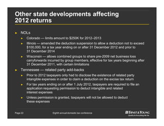 Eighth annual domestic tax conferencePage 22
Other state developments affecting
2012 returns
► NOLs
► Colorado — limits amount to $250K for 2012–2013
► Illinois — amended the deduction suspension to allow a deduction not to exceed
$100,000, for a tax year ending on or after 31 December 2012 and prior to
31 December 2014
► Wisconsin — allows combined groups to share pre-2009 net business loss
carryforwards incurred by group members, effective for tax years beginning after
31 December 2011, with certain limitations
► Tennessee — related party add-backs
► Prior to 2012 taxpayers only had to disclose the existence of related party
intangible expenses in order to claim a deduction on the excise tax return
► For tax years ending on or after 1 July 2012, taxpayers are required to file an
application requesting permission to deduct intangible and related
interest expenses
► Unless permission is granted, taxpayers will not be allowed to deduct
these expenses
 