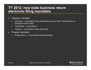 Eighth annual domestic tax conferencePage 23
TY 2012: new state business return
electronic filing mandates
► Taxpayer mandates
► Colorado — corporations and partnerships (any tax return that includes an
Enterprise Zone credit)
► Tennessee — corporations
► Virginia — corporations (e-file and e-pay)
► Preparer mandates
► Rhode Island — corporations and partnerships
 