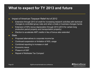 Eighth annual domestic tax conferencePage 29
What to expect for TY 2013 and future
► Impact of American Taxpayer Relief Act of 2012
► Extension through 2013 of credit for increasing research activities with technical
changes to controlled group rules and when a trade or business changes hands
► Extension of 50% bonus depreciation through 2013 (2014 for certain long
production period property and transportation property)
► Election to accelerate AMT credits in lieu of bonus also extended
► State
► Proposed alternatives to corporate income tax
► Continued suspension or limitation of NOL usage
► Combined reporting to increase or stall
► Economic nexus
► Phase-in of SSF
► Repeal of Multistate Tax Compact
 