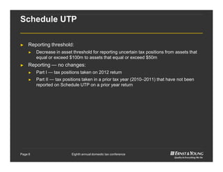 Eighth annual domestic tax conferencePage 8
Schedule UTP
► Reporting threshold:
► Decrease in asset threshold for reporting uncertain tax positions from assets that
equal or exceed $100m to assets that equal or exceed $50m
► Reporting — no changes:
► Part I — tax positions taken on 2012 return
► Part II — tax positions taken in a prior tax year (2010–2011) that have not been
reported on Schedule UTP on a prior year return
 