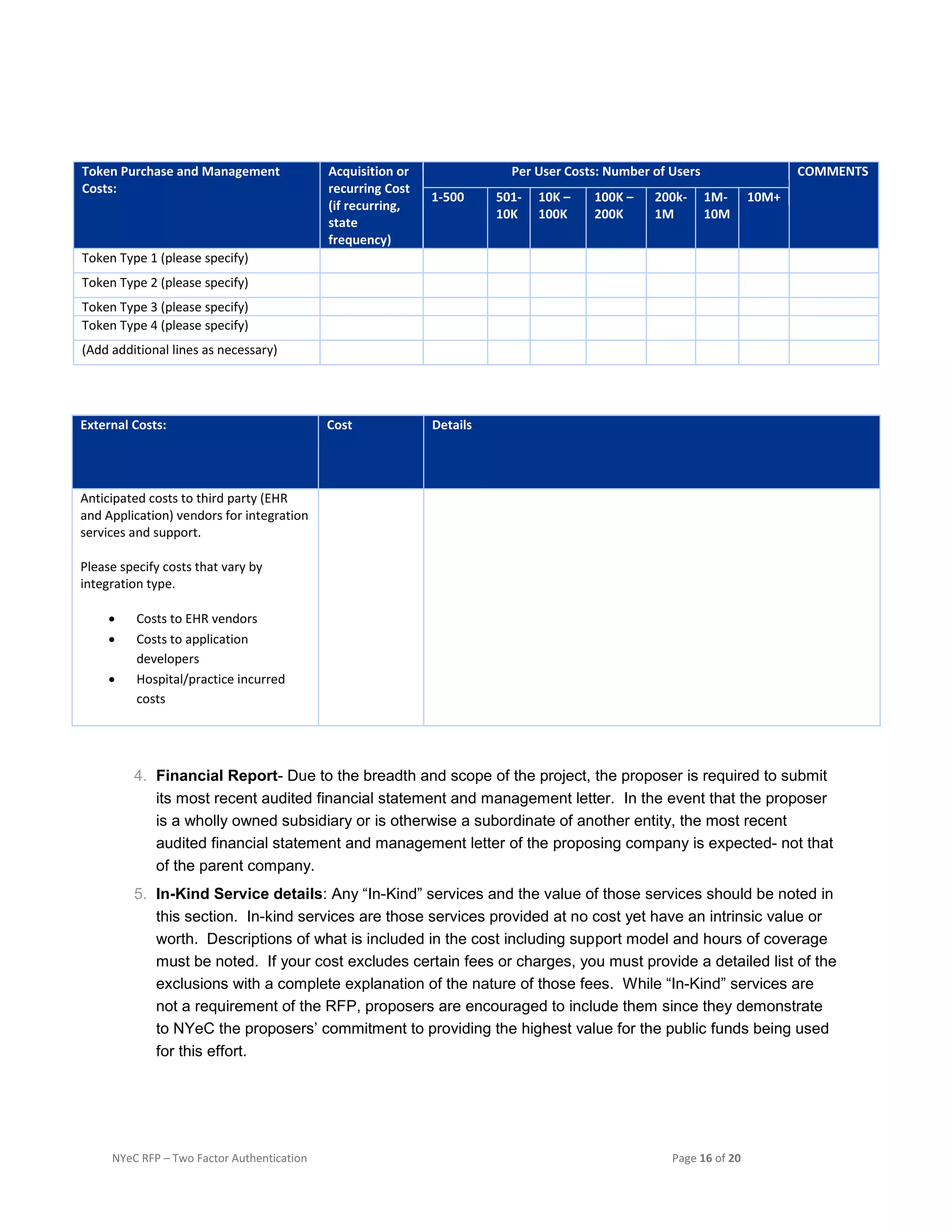 NYeC RFP – Two Factor Authentication Page 16 of 20
4. Financial Report- Due to the breadth and scope of the project, the proposer is required to submit
its most recent audited financial statement and management letter. In the event that the proposer
is a wholly owned subsidiary or is otherwise a subordinate of another entity, the most recent
audited financial statement and management letter of the proposing company is expected- not that
of the parent company.
5. In-Kind Service details: Any “In-Kind” services and the value of those services should be noted in
this section. In-kind services are those services provided at no cost yet have an intrinsic value or
worth. Descriptions of what is included in the cost including support model and hours of coverage
must be noted. If your cost excludes certain fees or charges, you must provide a detailed list of the
exclusions with a complete explanation of the nature of those fees. While “In-Kind” services are
not a requirement of the RFP, proposers are encouraged to include them since they demonstrate
to NYeC the proposers’ commitment to providing the highest value for the public funds being used
for this effort.
Token Purchase and Management
Costs:
Acquisition or
recurring Cost
(if recurring,
state
frequency)
Per User Costs: Number of Users COMMENTS
1-500 501-
10K
10K –
100K
100K –
200K
200k-
1M
1M-
10M
10M+
Token Type 1 (please specify)
Token Type 2 (please specify)
Token Type 3 (please specify)
Token Type 4 (please specify)
(Add additional lines as necessary)
External Costs: Cost Details
Anticipated costs to third party (EHR
and Application) vendors for integration
services and support.
Please specify costs that vary by
integration type.
 Costs to EHR vendors
 Costs to application
developers
 Hospital/practice incurred
costs
 