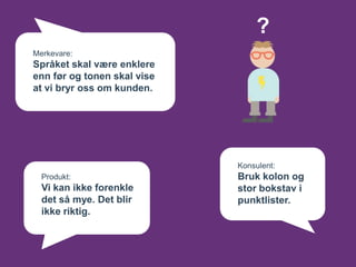 ?
Merkevare:
Språket skal være enklere
enn før og tonen skal vise
at vi bryr oss om kunden.




                             Konsulent:
  Produkt:                   Bruk kolon og
  Vi kan ikke forenkle       stor bokstav i
  det så mye. Det blir       punktlister.
  ikke riktig.
 