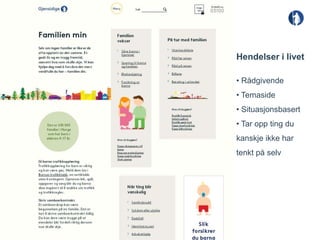 Hendelser i livet

• Rådgivende
• Temaside
• Situasjonsbasert
• Tar opp ting du
kanskje ikke har
tenkt på selv
 