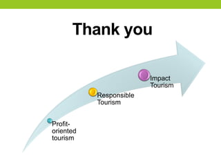 Thank you
Profit-
oriented
tourism
Responsible
Tourism
Impact
Tourism
 