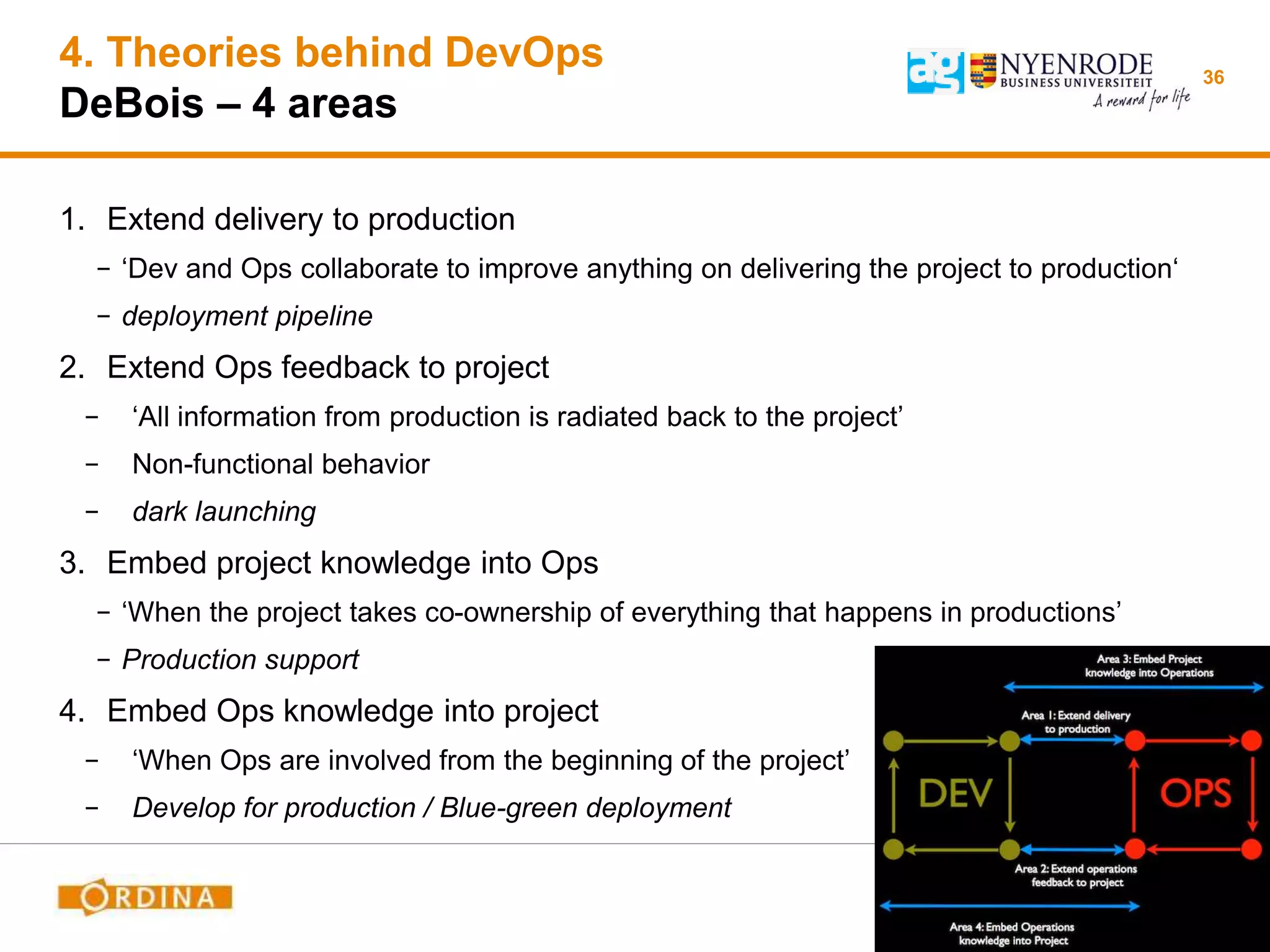 4. Theories behind DevOps
DeBois – 4 areas
36
1. Extend delivery to production
− ‘Dev and Ops collaborate to improve anything on delivering the project to production‘
− deployment pipeline
2. Extend Ops feedback to project
− ‘All information from production is radiated back to the project’
− Non-functional behavior
− dark launching
3. Embed project knowledge into Ops
− ‘When the project takes co-ownership of everything that happens in productions’
− Production support
4. Embed Ops knowledge into project
− ‘When Ops are involved from the beginning of the project’
− Develop for production / Blue-green deployment
 