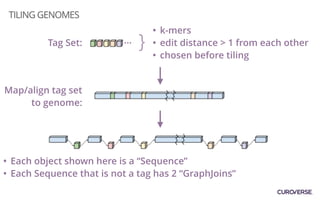 TILING GENOMES
Tag Set: … }
• k-mers
• edit distance > 1 from each other
• chosen before tiling
Map/align tag set
to genome:
• Each object shown here is a “Sequence”
• Each Sequence that is not a tag has 2 “GraphJoins”
 