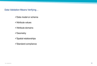 10GUY CARPENTER
Data Validation Means Verifying…
Data model or schema
Attribute values
Attribute domains
Geometry
Spatial relationships
Standard compliance
 
