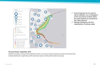 18GUY CARPENTER
Hurricane Dorian– September, 2019
Identified accumulations of insured locations affected by the storm via a map and summary of exposure by severity for the observed track
Evaluated potential storm surge flooding via NHC hazard layer analysis to identify portfolio locations across surge
 Event footprints can be used for
claims validation; e.g. investigation
of the occurrence of claims within
the event footprint as compared to
the initial exposure
 Manage developing risk from
catastrophes of varying scales
 