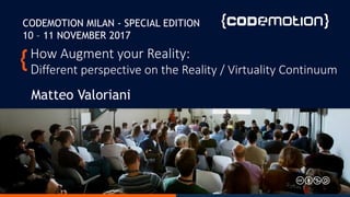 How Augment your Reality:
Different perspective on the Reality / Virtuality Continuum
Matteo Valoriani
CODEMOTION MILAN - SPECIAL EDITION
10 – 11 NOVEMBER 2017
 