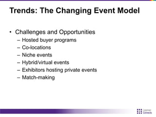 Trends: The Changing Event Model
• Challenges and Opportunities
– Hosted buyer programs
– Co-locations
– Niche events
– Hybrid/virtual events
– Exhibitors hosting private events
– Match-making
 
