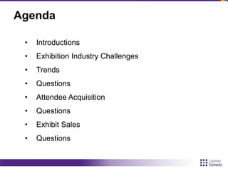 • Introductions
• Exhibition Industry Challenges
• Trends
• Questions
• Attendee Acquisition
• Questions
• Exhibit Sales
• Questions
Agenda
 