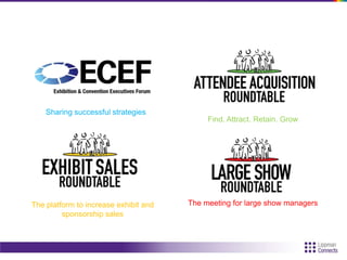 Sharing successful strategies
The platform to increase exhibit and
sponsorship sales
The meeting for large show managers
Find. Attract. Retain. Grow
 