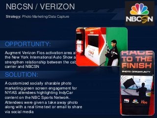 OPPORTUNITY:
Augment Verizon Fios activation area at
the New York International Auto Show and
strengthen relationship between the cable
carrier and NBCSN
NBCSN / VERIZON
SOLUTION:
A customized socially sharable photo
marketing green screen engagement for
NYIAS attendees highlighting IndyCar
content on the NBC Sports Network.
Attendees were given a take away photo
along with a real time text or email to share
via social media
Strategy: Photo Marketing/Data Capture
 