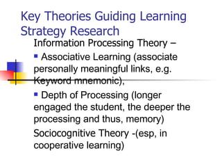 Key Theories Guiding Learning Strategy Research ,[object Object],[object Object],[object Object],[object Object]