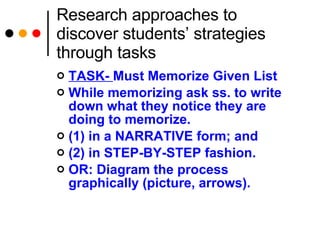 Research approaches to discover students’ strategies through tasks ,[object Object],[object Object],[object Object],[object Object],[object Object]