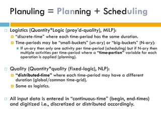 Planning and Planning +Model
    Planuling =  Scheduling Scheduling

   Logistics (Quantity*Logic (proy’d-quality), MILP):
       “discrete-time” where each time-period has the same duration.
       Time-periods may be “small-buckets” (un-ary) or “big-buckets” (N-ary):
           If un-ary then only one activity per time-period (scheduling) but if N-ary then
            multiple activities per time-period where a “time-portion” variable for each
            operation is applied (planning).

   Quality (Quantity*quality (fixed-logic), NLP):
       “distributed-time” where each time-period may have a different
        duration (global/common time-grid).
       Same as logistics.

   All input data is entered in “continuous-time” (begin, end-times)
    and digitized i.e., discretized or distributed accordingly.
 