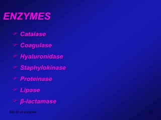 Độc tố và enzymes 10
ENZYMES
 Catalase
 Coagulase
 Hyaluronidase
 Staphylokinase
 Proteinase
 Lipase
 β-lactamase
 
