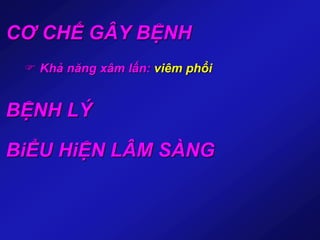 CƠ CHẾ GÂY BỆNH
 Khả năng xâm lấn: viêm phổi
BỆNH LÝ
BiỂU HiỆN LÂM SÀNG
 