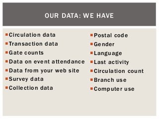 Circulation data
Transaction data
Gate counts
Data on event attendance
Data from your web site
Survey data
Collecti...