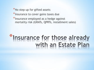 *
*No step up for gifted assets
*Insurance to cover gains taxes due
*Insurance employed as a hedge against
mortality risk (GRATs, QPRTs, installment sales)
 