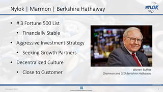 CONFIDENTIAL
9 October 2019 2
Nylok | Marmon | Berkshire Hathaway
- Warren Buffett
Chairman and CEO Berkshire Hathaway
• # 3 Fortune 500 List
• Financially Stable
• Aggressive Investment Strategy
• Seeking Growth Partners
• Decentralized Culture
• Close to Customer
 