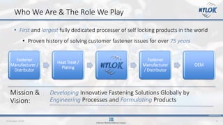 CONFIDENTIAL
Fastener
Manufacturer /
Distributor
Heat Treat /
Plating
Fastener
Manufacturer
/ Distributor
OEM
9 October 2019 4
• First and largest fully dedicated processer of self locking products in the world
• Proven history of solving customer fastener issues for over 75 years
Who We Are & The Role We Play
Mission &
Vision:
Developing Innovative Fastening Solutions Globally by
Engineering Processes and Formulating Products
 