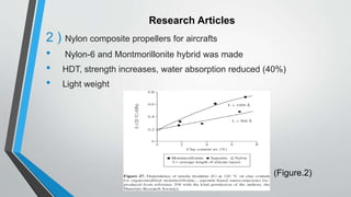 Research Articles
2 ) Nylon composite propellers for aircrafts
• Nylon-6 and Montmorillonite hybrid was made
• HDT, strength increases, water absorption reduced (40%)
• Light weight
(Figure.2)
 