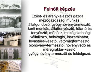 Feln?tt kpzs Ezst- s aranykalszos gazda, mez?gazdasgi munks, llatgondoz, gygyn?vnytermeszt?, kerti munks, llattenyszt?, ltart s Ctenyszt?, mhsz, mez?gazdasgi vllalkoz, belovagl, inszemintor, lovastra-vezet?, vet?magtermeszt?, bion?vny-termeszt?, n?vnyvd? s mregraktr-kezel?, gygyn?vnytermeszt? s feldolgoz. 