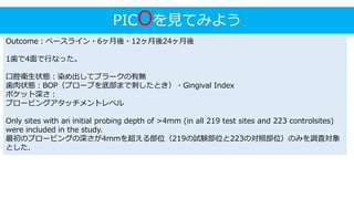PICOを見てみよう
Outcome：ベースライン・6ヶ月後・12ヶ月後24ヶ月後
1歯で4面で行なった。
口腔衛生状態：染め出してプラークの有無
歯肉状態：BOP（プローブを底部まで刺したとき）・Gingival Index
ポケット深さ：
プロービングアタッチメントレベル
Only sites with an initial probing depth of >4mm (in all 219 test sites and 223 controlsites)
were included in the study.
最初のプロービングの深さが4mmを超える部位（219の試験部位と223の対照部位）のみを調査対象
とした．
 