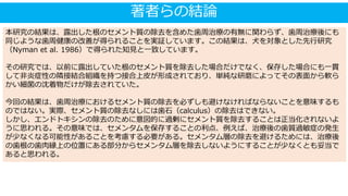 著者らの結論
本研究の結果は、露出した根のセメント質の除去を含めた歯周治療の有無に関わらず、歯周治療後にも
同じような歯周健康の改善が得られることを実証しています。この結果は、犬を対象とした先行研究
（Nyman et al. 1986）で得られた知見と一致しています。
その研究では、以前に露出していた根のセメント質を除去した場合だけでなく、保存した場合にも一貫
して非炎症性の隣接結合組織を持つ接合上皮が形成されており、単純な研磨によってその表面から軟ら
かい細菌の沈着物だけが除去されていた。
今回の結果は、歯周治療におけるセメント質の除去を必ずしも避けなければならないことを意味するも
のではない。実際、セメント質の除去なしには歯石（calculus）の除去はできない。
しかし、エンドトキシンの除去のために意図的に過剰にセメント質を除去することは正当化されないよ
うに思われる。その意味では、セメンタムを保存することの利点、例えば、治療後の歯質過敏症の発生
が少なくなる可能性があることを考慮する必要がある。セメンタム層の除去を避けるためには、治療後
の歯根の歯肉縁上の位置にある部分からセメンタム層を除去しないようにすることが少なくとも妥当で
あると思われる。
 