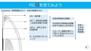PICOを見てみよう
GM：歯肉縁
alCT：歯肉結合組織
（炎症性浸潤の先端）
aJE;C：歯肉上皮の
先端終端
N：6カ月目に作った
ノッチ
Outcome：病理組織なので、炎症の範囲が分る
非炎症性の隣接結合組織
を有する結合上皮の長さ
コラーゲン線維を挿入し
て新たに形成されたセメ
ンタムの長さ
治癒し
た非炎
症性歯
周組織
炎症性隣接結合組織
 