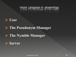    User

   The Pseudonym Manager

   The Nymble Manager

   Server

             Nymble Blocking System   9
 