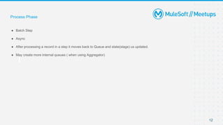 12
● Batch Step
● Async
● After processing a record in a step it moves back to Queue and state(stage) us updated.
● May create more internal queues ( when using Aggregator)
Process Phase
 